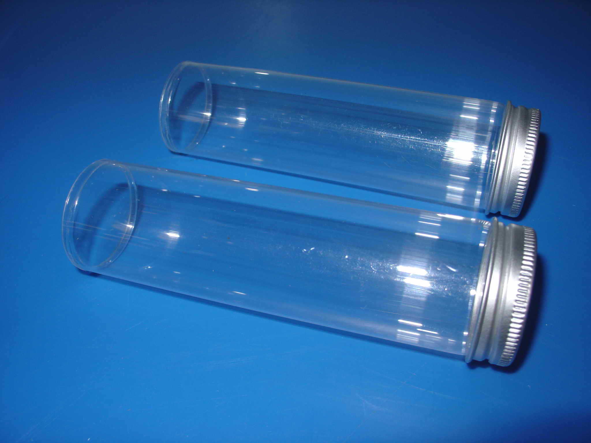 Plastic Tubes, Clear PET Tubes with Silver Metal Screw Caps square